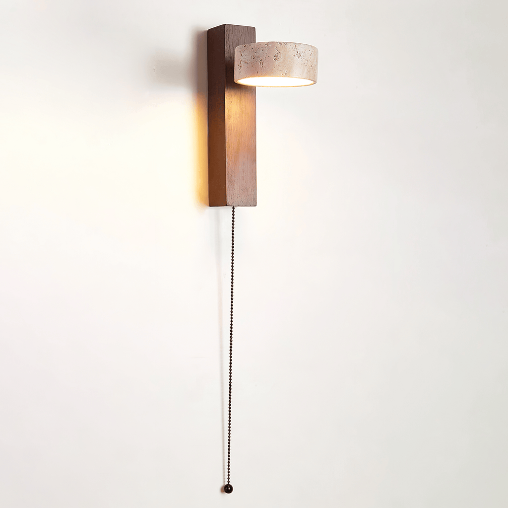 Travertine and Wood Wall Lamp Round Stone Head 9.1 in Set of 3