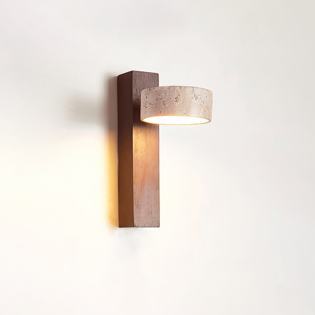 Travertine and Wood Wall Lamp Round Stone Head 9.1 in Set of 3