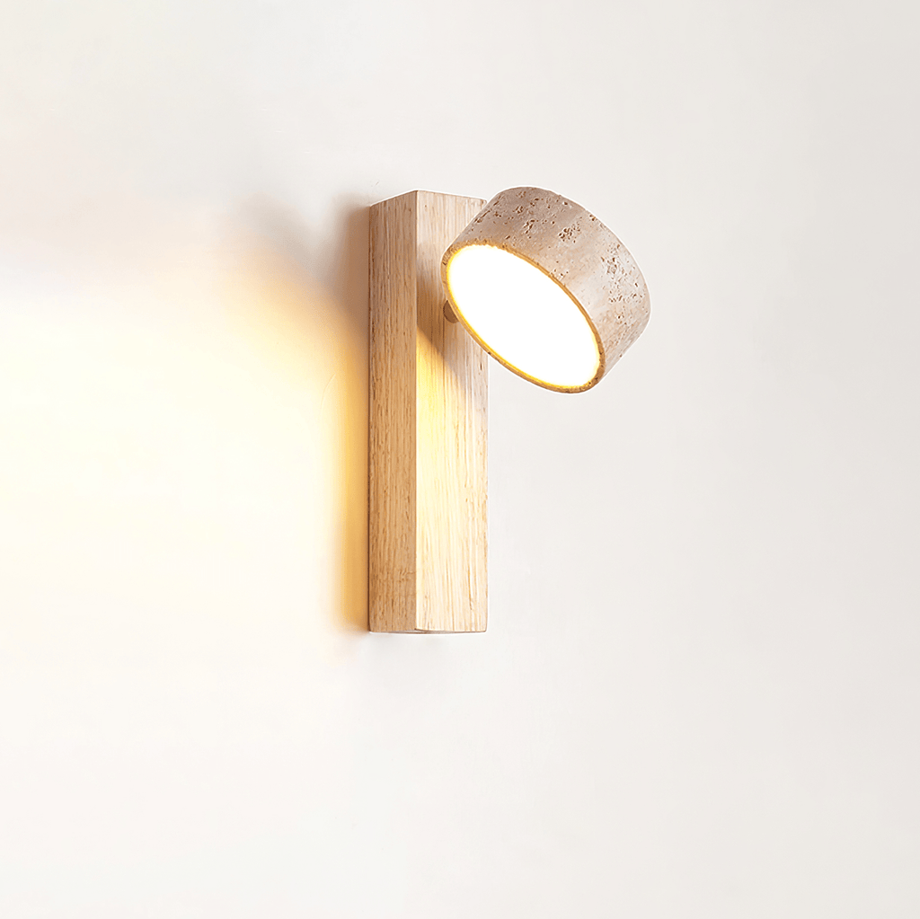 Travertine and Wood Wall Lamp Round Stone Head 9.1 in Set of 3