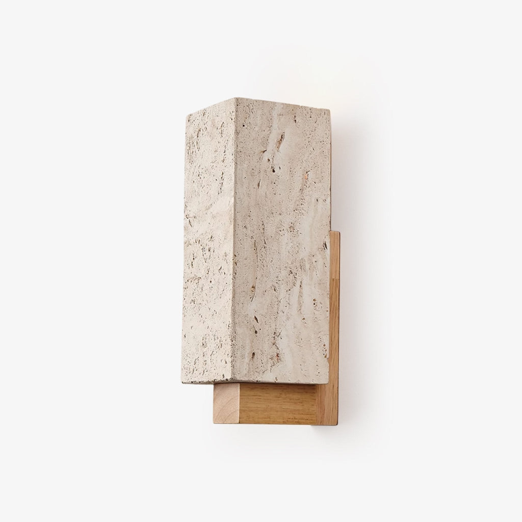 Travertine Block Wall Sconce Wood Back Pull Chain 11.4 in