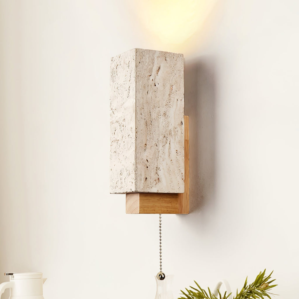 Travertine Block Wall Sconce Wood Back Pull Chain 11.4 in
