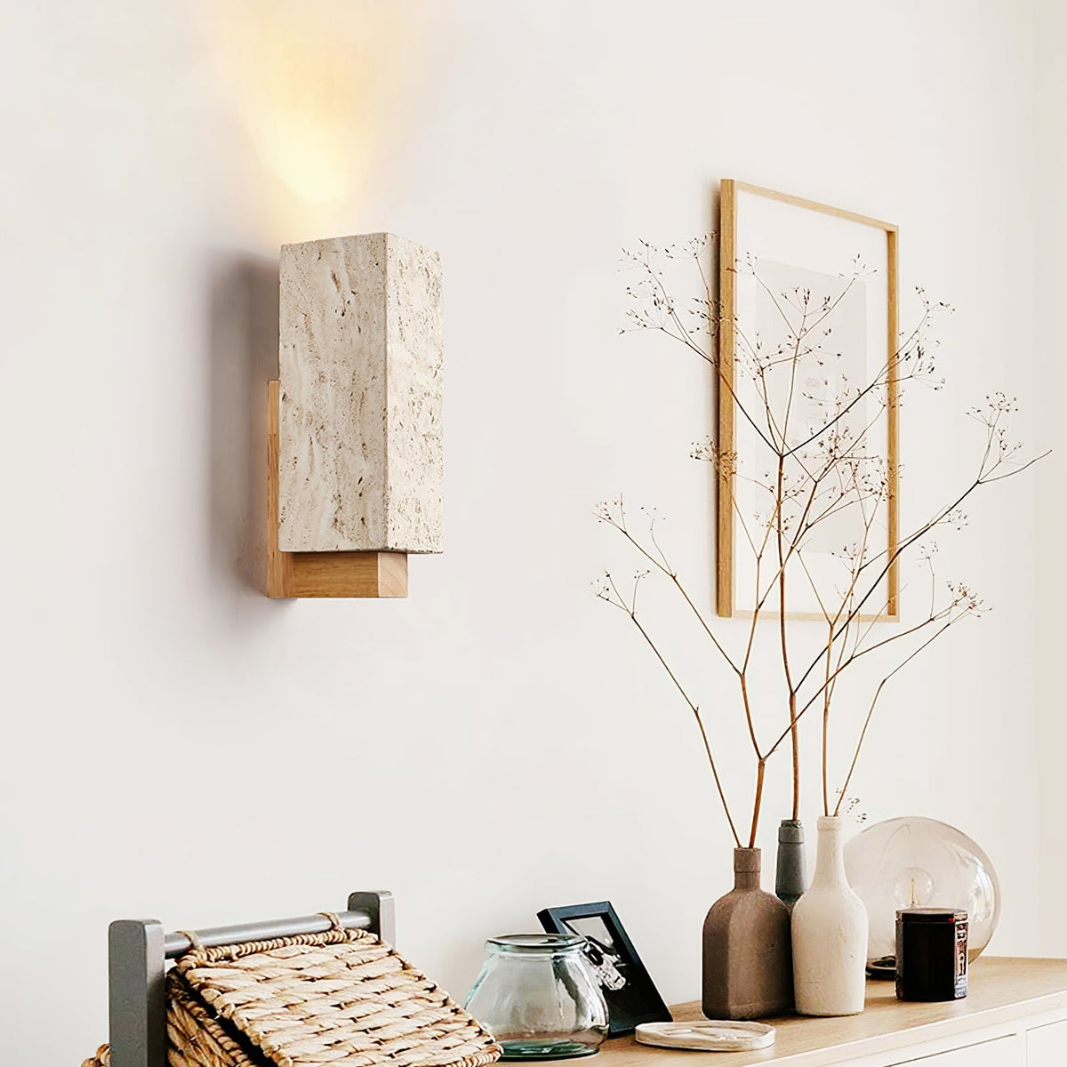 Travertine Block Wall Sconce Wood Back Pull Chain 11.4 in