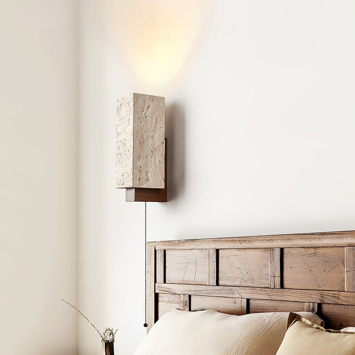 Travertine Block Wall Sconce Wood Back Pull Chain 11.4 in