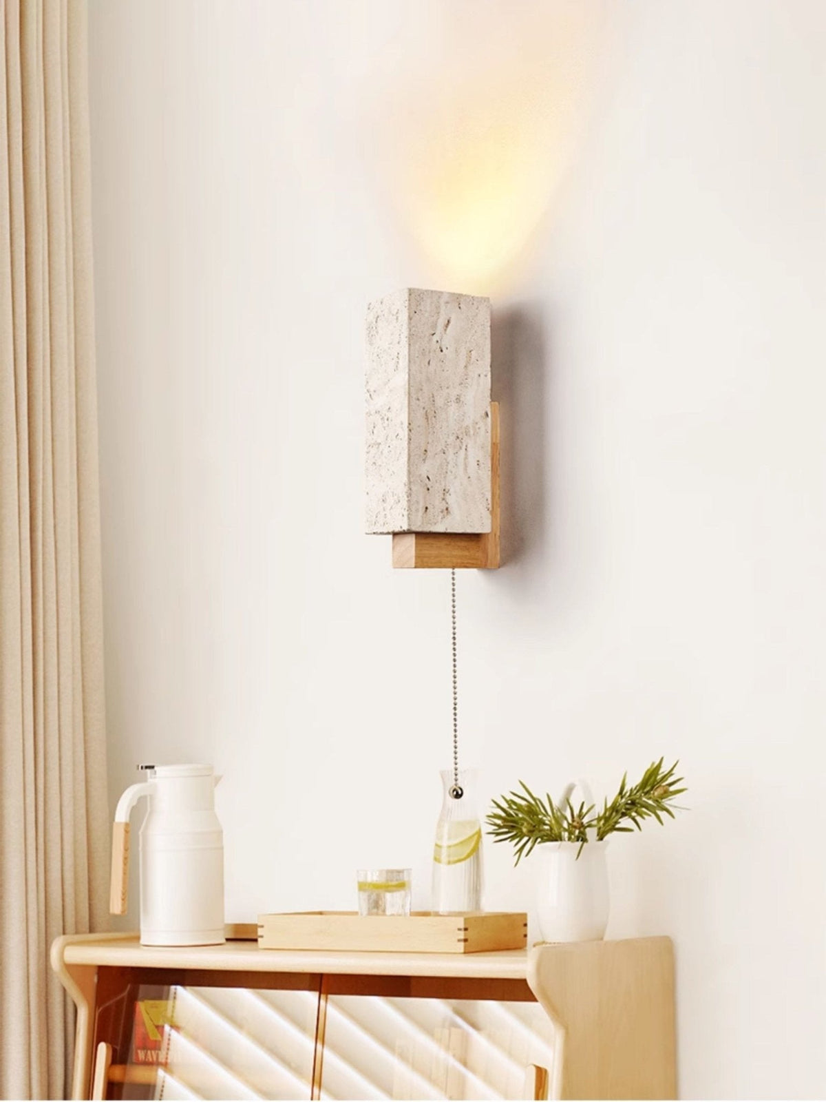 Travertine Block Wall Sconce Wood Back Pull Chain 11.4 in