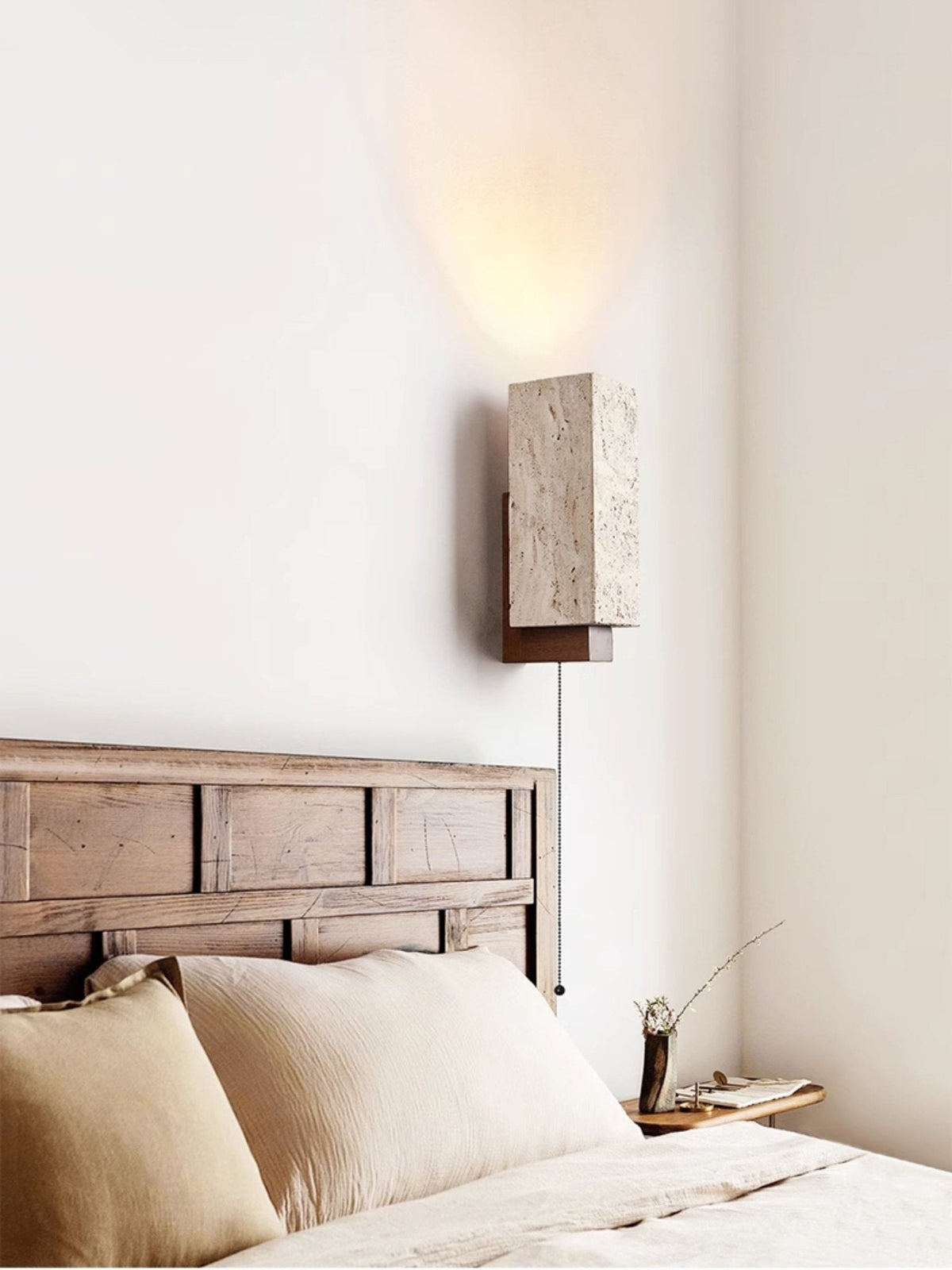 Travertine Block Wall Sconce Wood Back Pull Chain 11.4 in