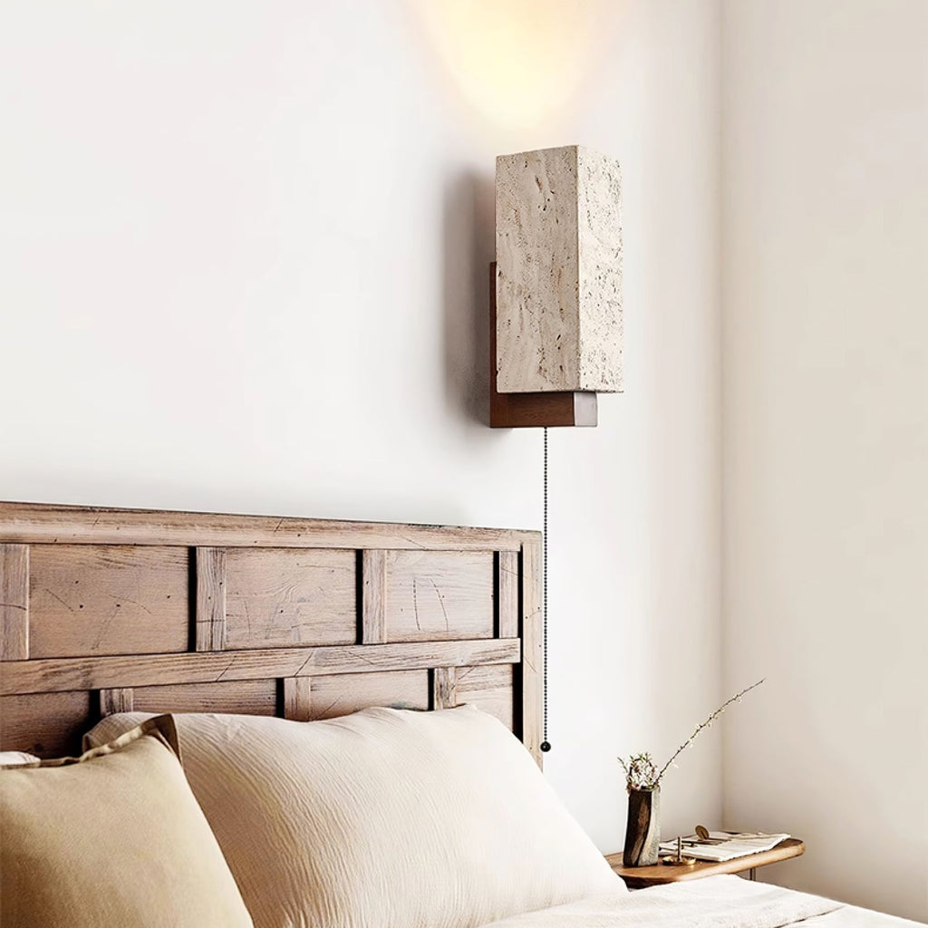 Travertine Block Wall Sconce Wood Back Pull Chain 11.4 in