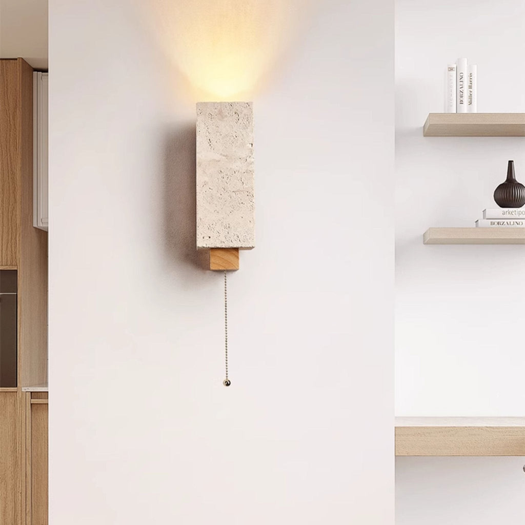 Travertine Block Wall Sconce Wood Back Pull Chain 11.4 in