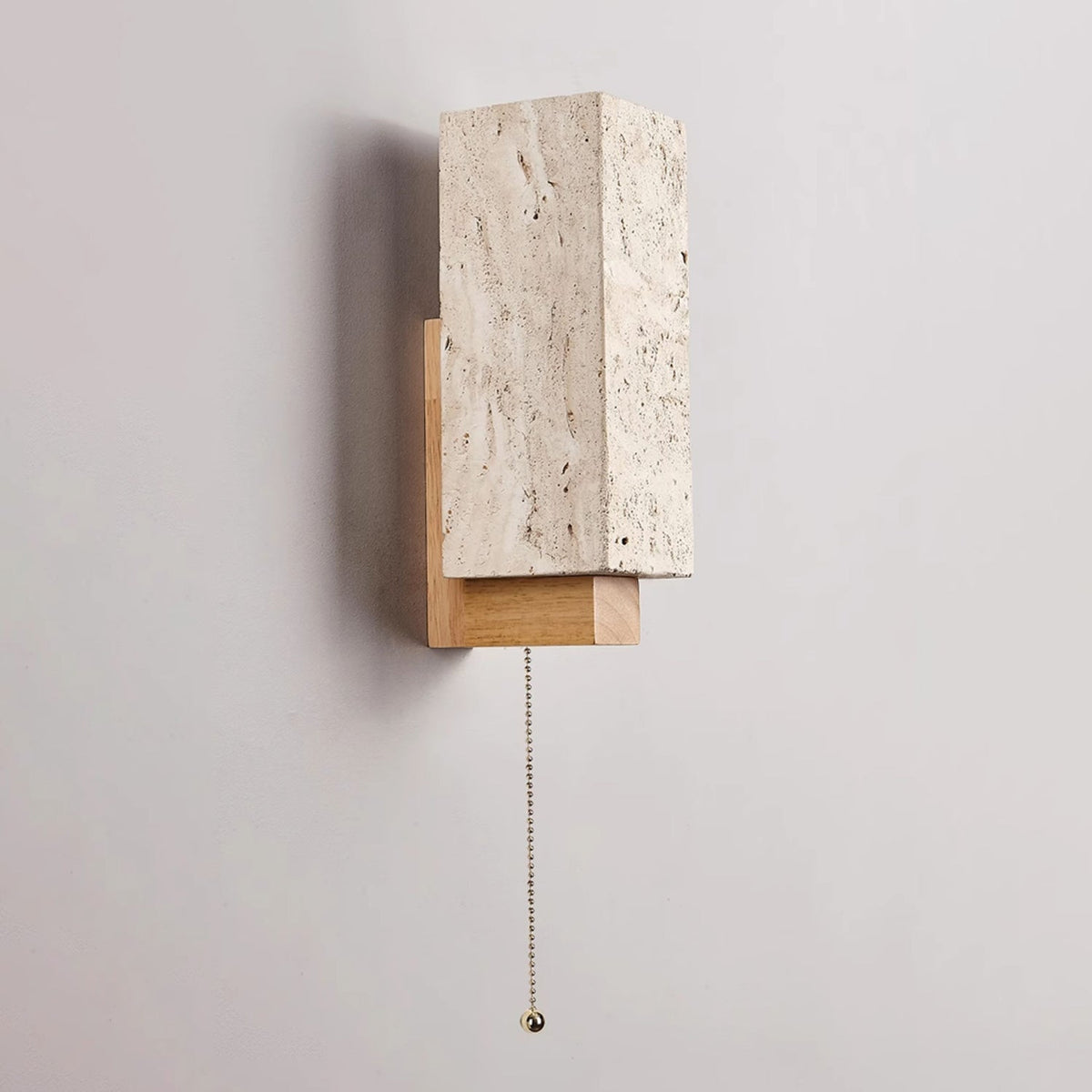 Travertine Block Wall Sconce Wood Back Pull Chain 11.4 in