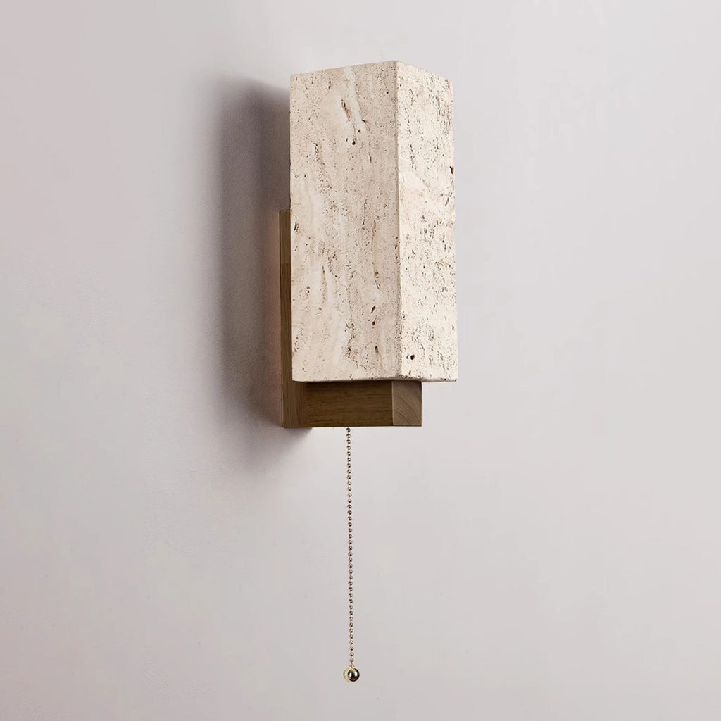 Travertine Block Wall Sconce Wood Back Pull Chain 11.4 in