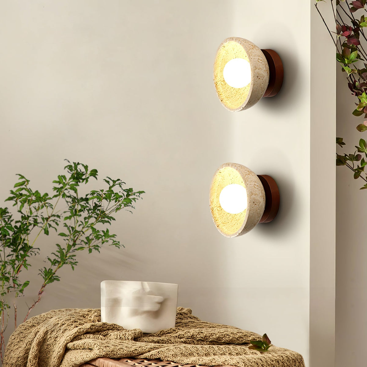 Travertine Bowl Wall Sconce Yellow Stone and Wood 5.9 in
