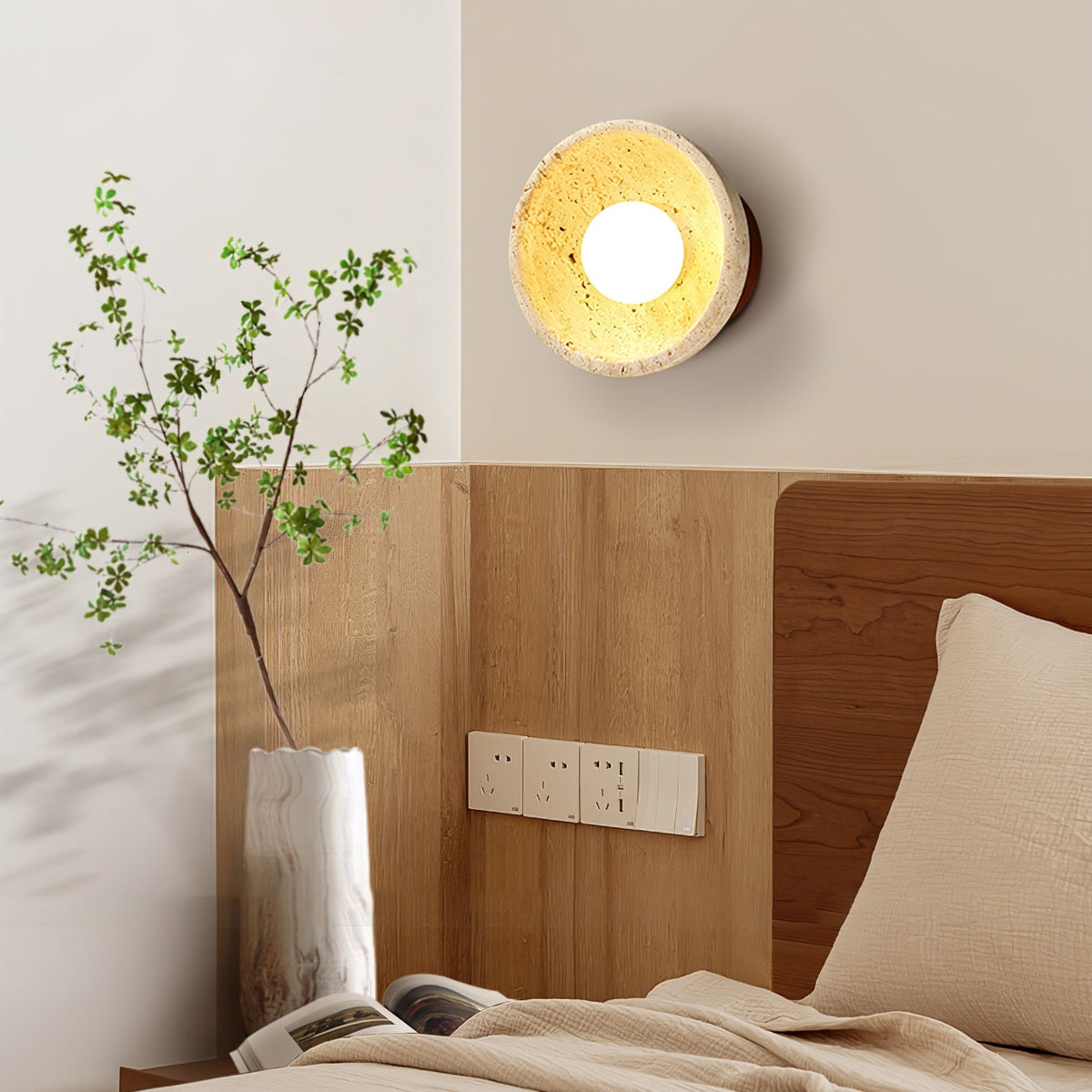 Travertine Bowl Wall Sconce Yellow Stone and Wood 5.9 in