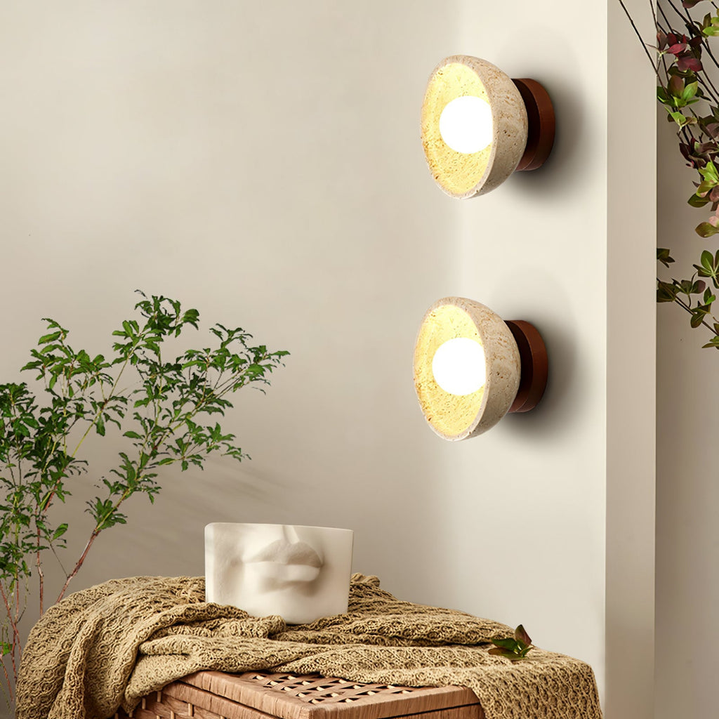 Travertine Bowl Wall Sconce Yellow Stone and Wood 5.9 in