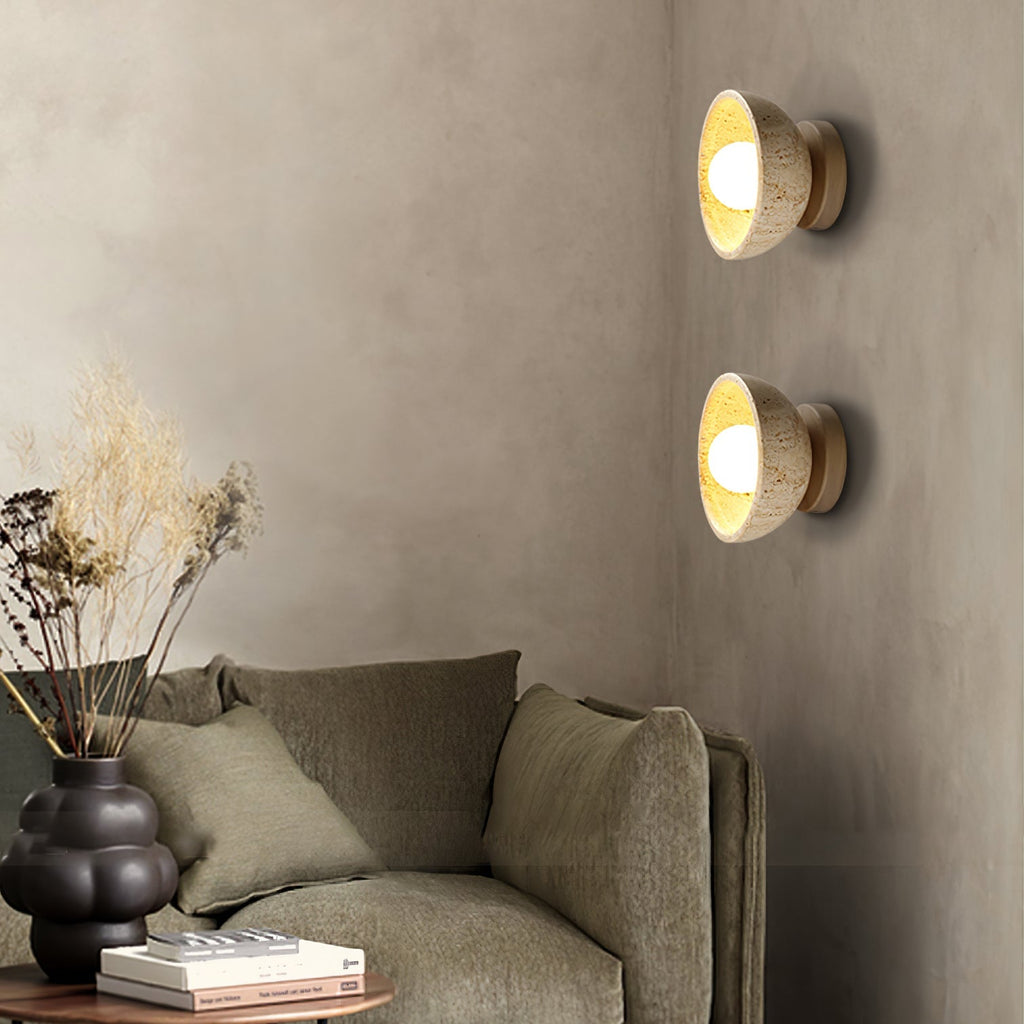 Travertine Bowl Wall Sconce Yellow Stone and Wood 5.9 in