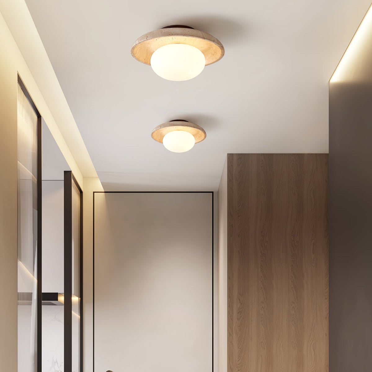Travertine Ceiling Light Opal Glass Globe 9.8 in