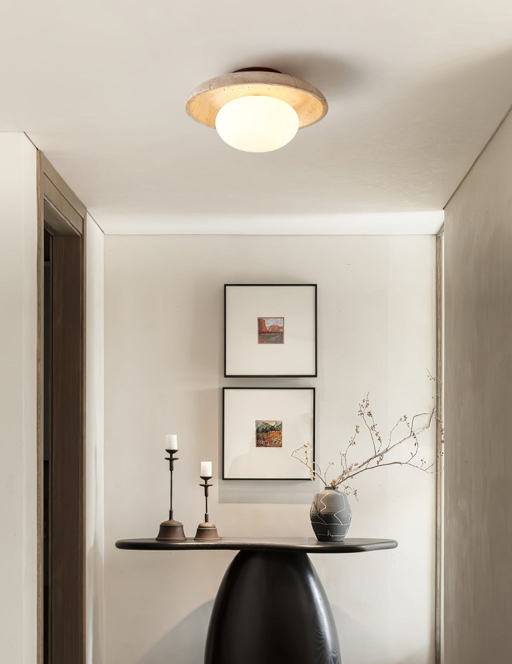 Travertine Ceiling Light Opal Glass Globe 9.8 in