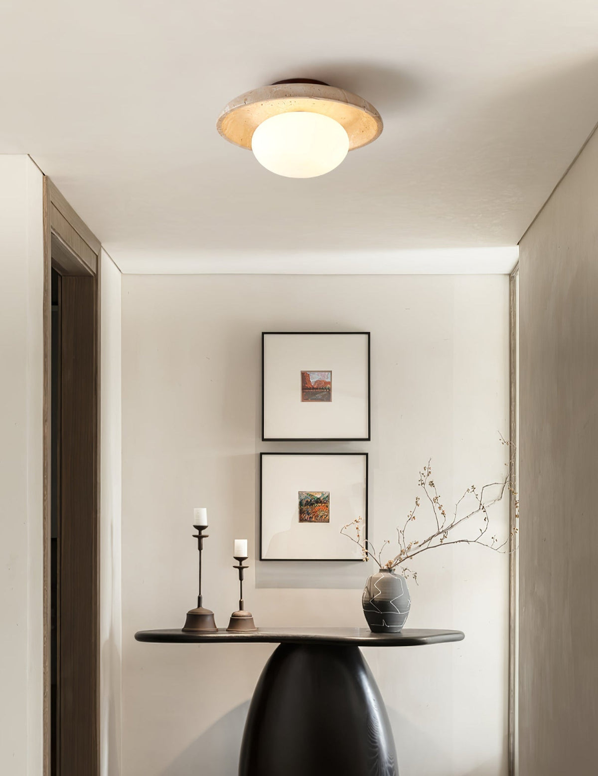 Travertine Ceiling Light Opal Glass Globe 9.8 in