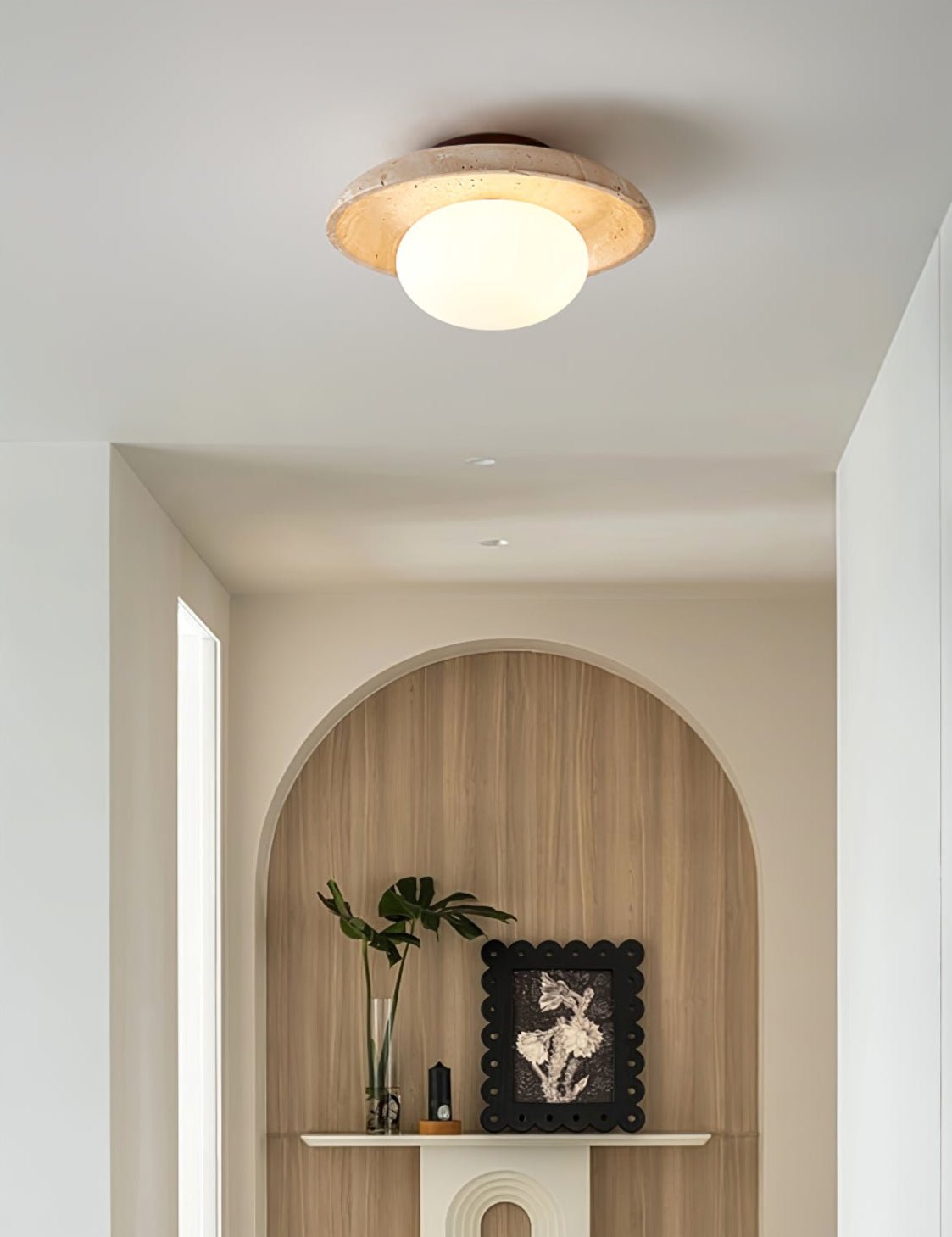 Travertine Ceiling Light Opal Glass Globe 9.8 in