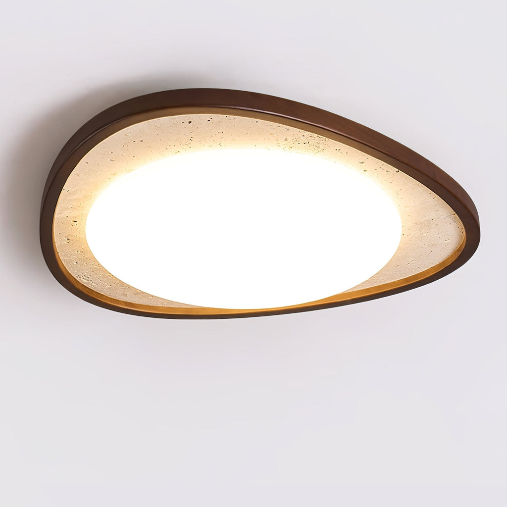 Travertine Ceiling Light Pebble Shape Walnut Rim 22.8 in Set of 2