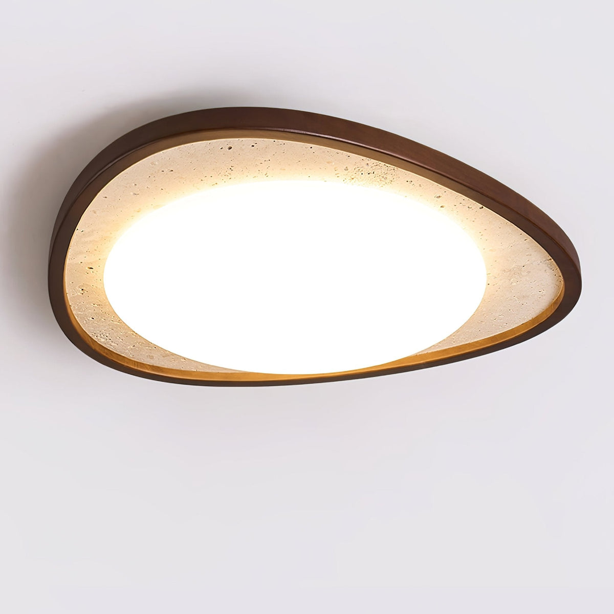 Travertine Ceiling Light Pebble Shape Walnut Rim 22.8 in Set of 2