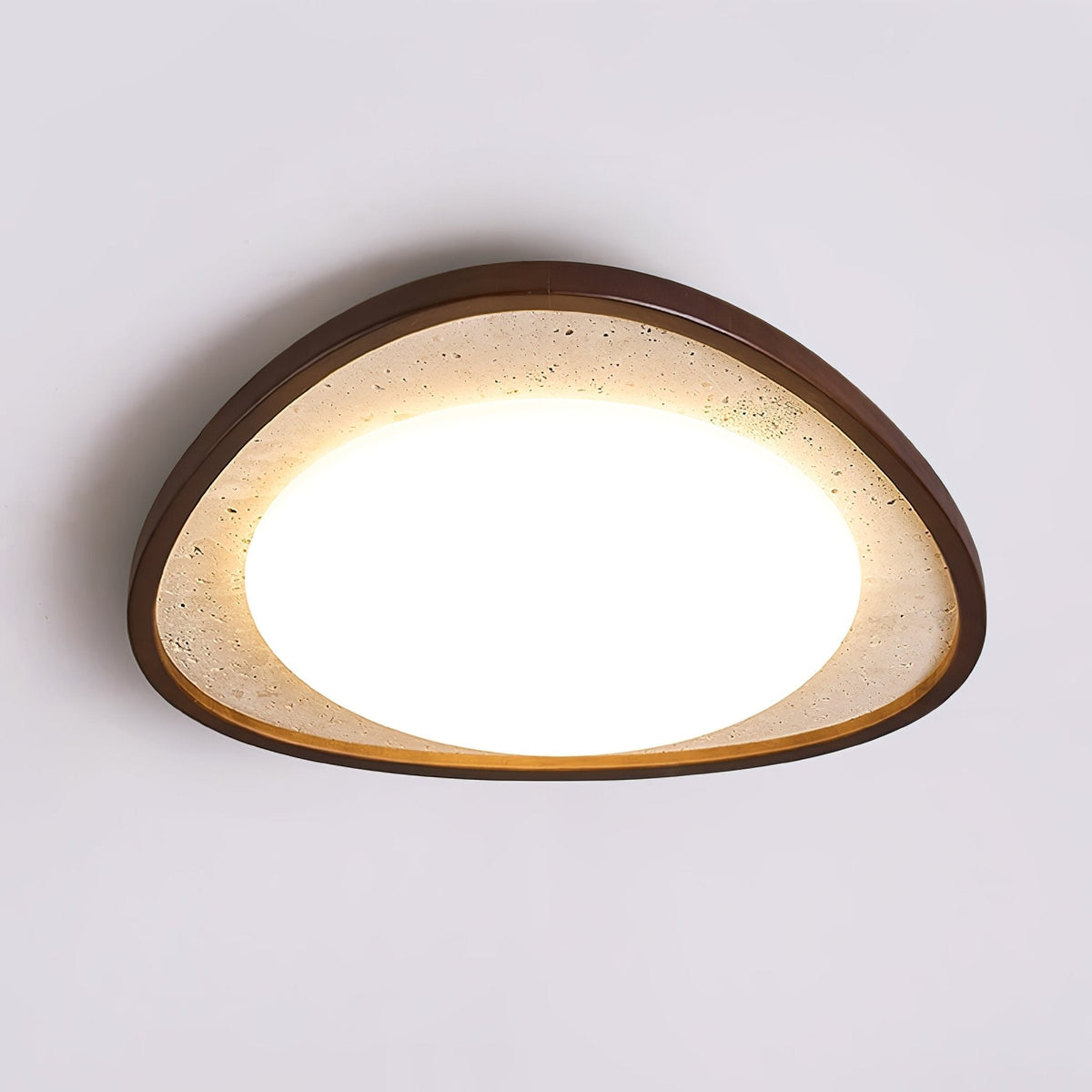 Travertine Ceiling Light Pebble Shape Walnut Rim 22.8 in Set of 2