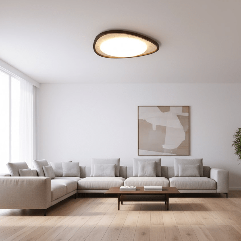 Travertine Ceiling Light Pebble Shape Walnut Rim 22.8 in Set of 2