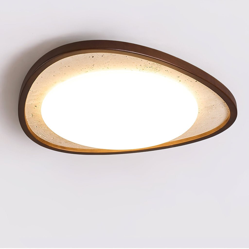 Travertine Ceiling Light Pebble Shape Walnut Rim 22.8 in Set of 2