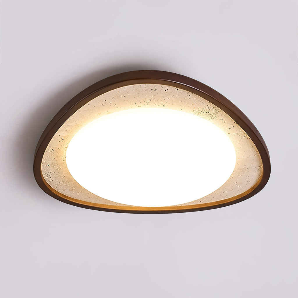 Travertine Ceiling Light Pebble Shape Walnut Rim 22.8 in Set of 2
