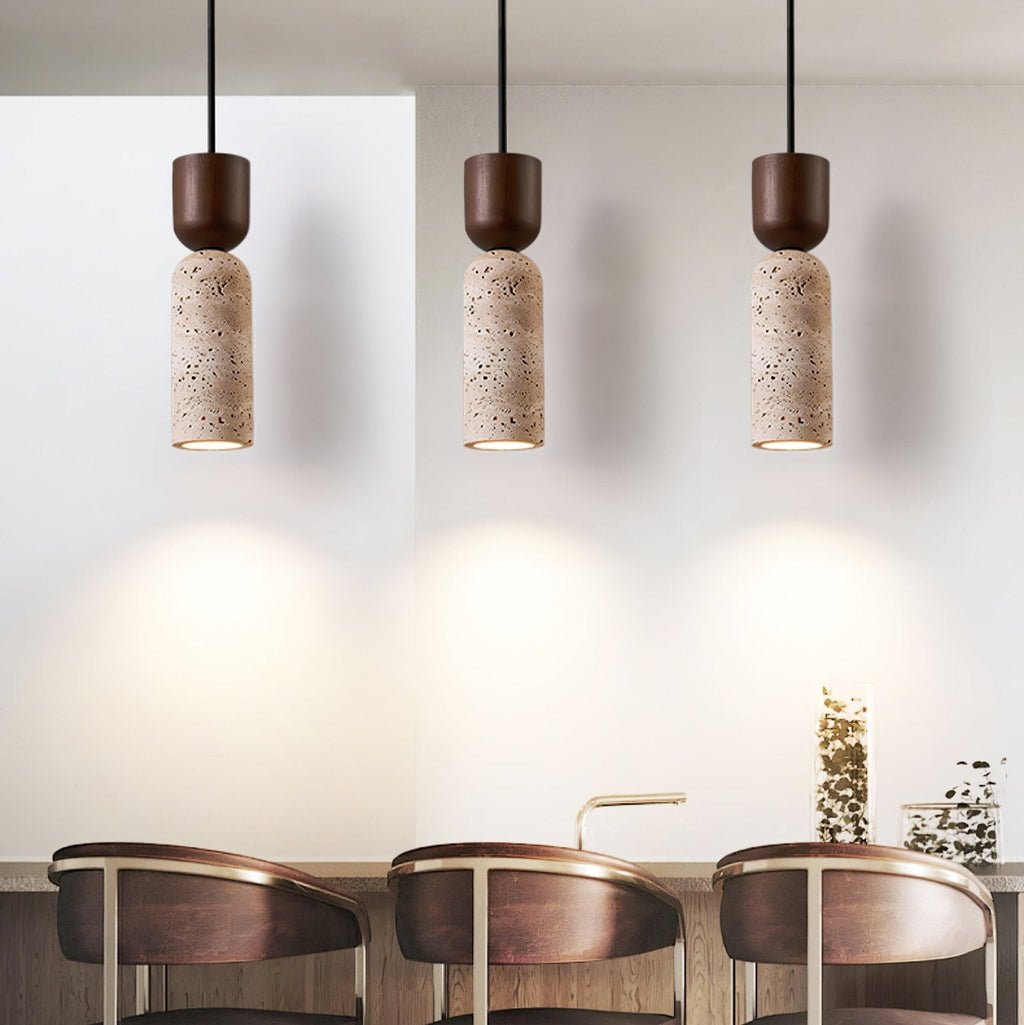 Travertine Column Pendant Light Walnut Cap 2.6 in Set of 2