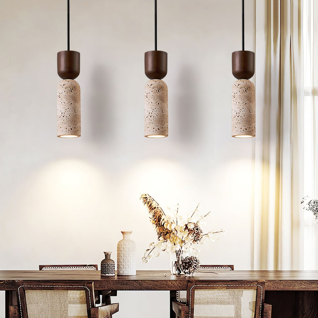 Travertine Column Pendant Light Walnut Cap 2.6 in Set of 2