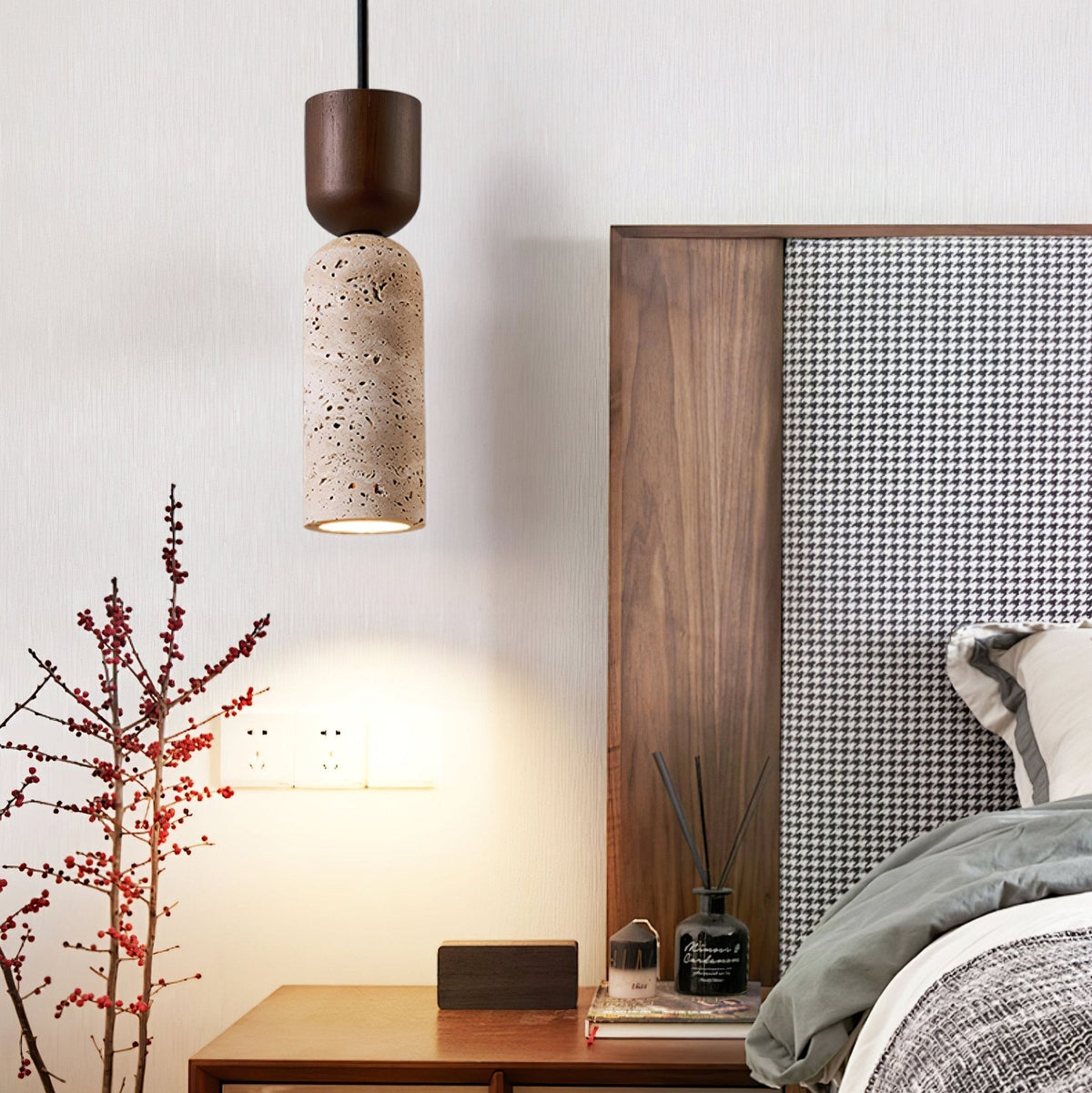 Travertine Column Pendant Light Walnut Cap 2.6 in Set of 2