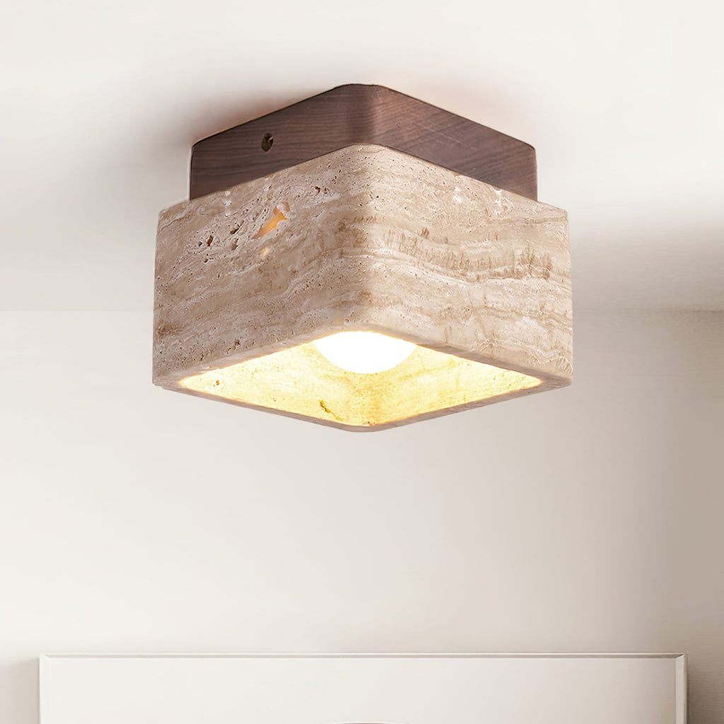 Travertine Cube Ceiling Light Square Stone on Wood 4.7 in Set of 3