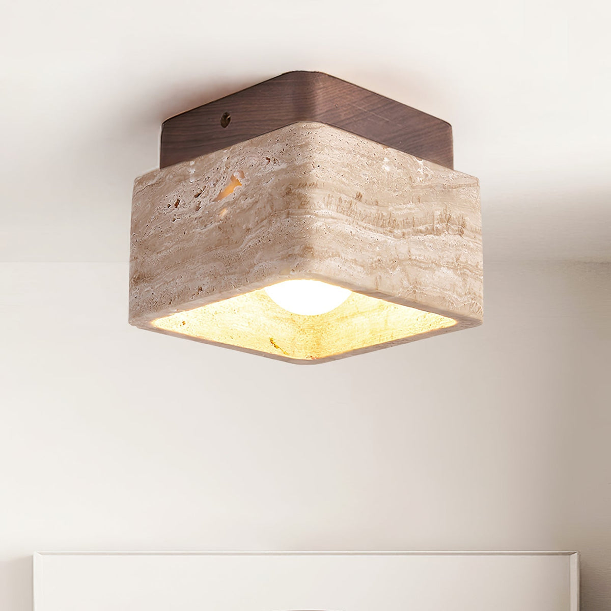 Travertine Cube Ceiling Light Square Stone on Wood 4.7 in Set of 3