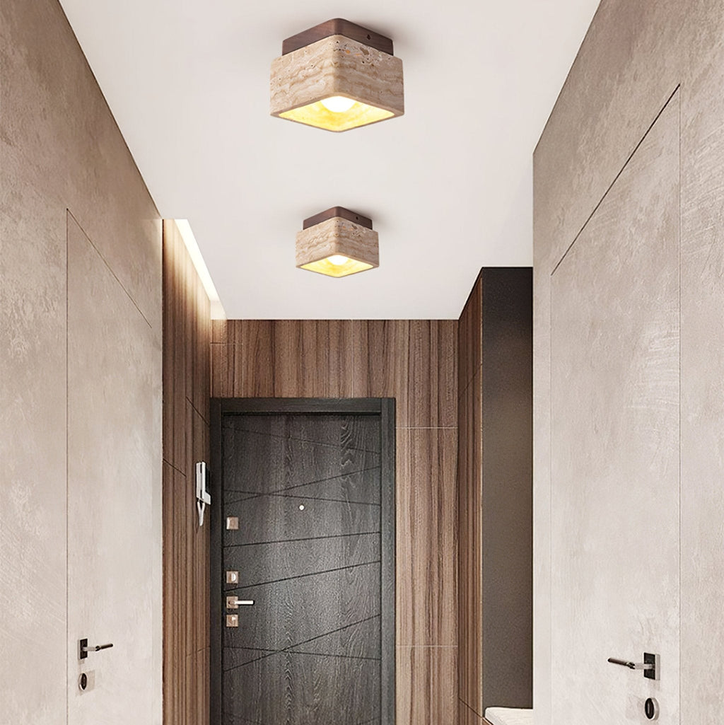 Travertine Cube Ceiling Light Square Stone on Wood 4.7 in Set of 3
