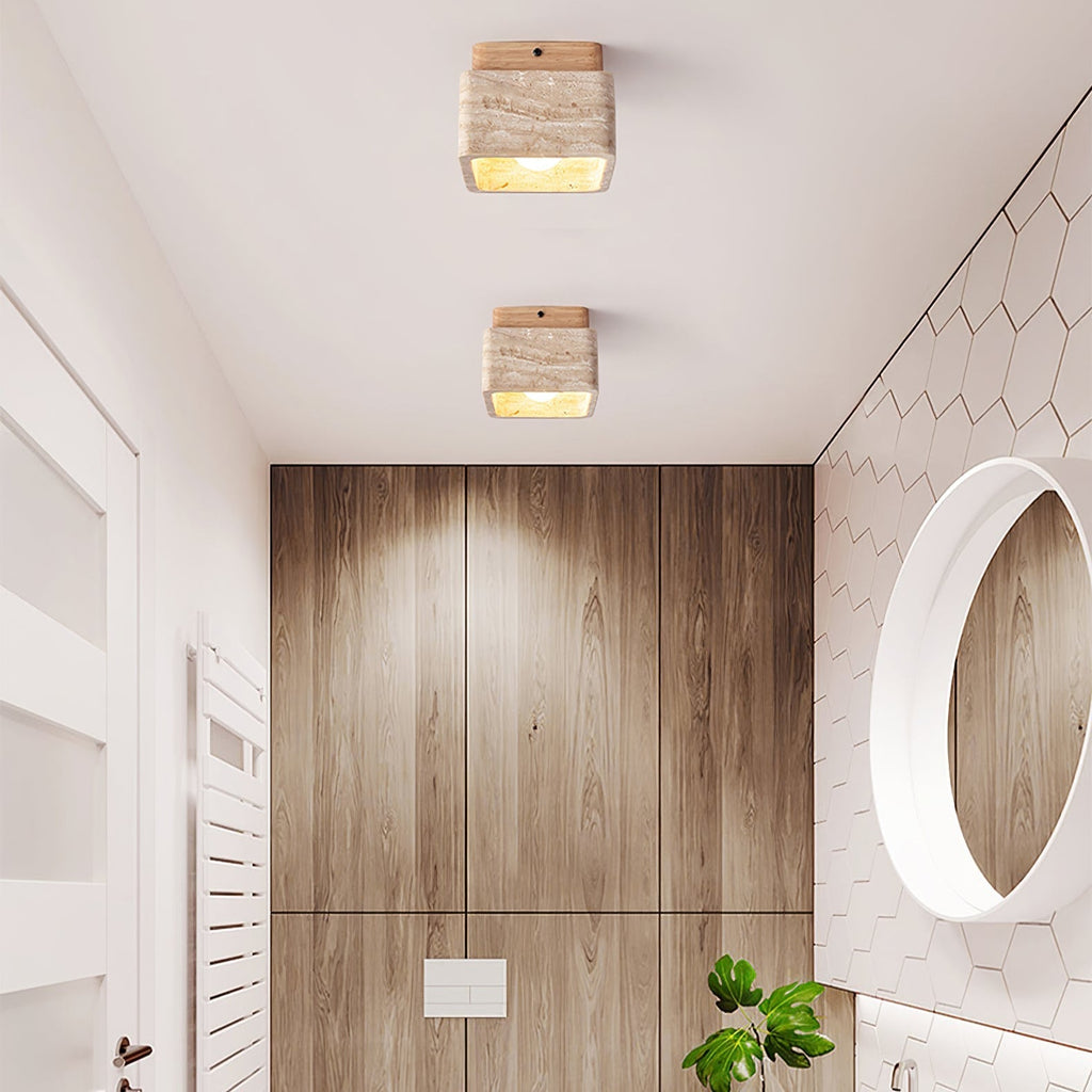 Travertine Cube Ceiling Light Square Stone on Wood 4.7 in Set of 3