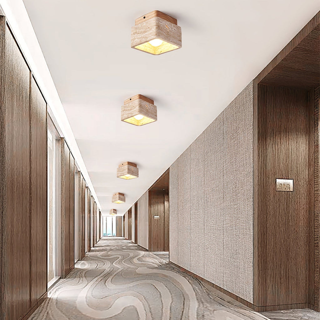 Travertine Cube Ceiling Light Square Stone on Wood 4.7 in Set of 3