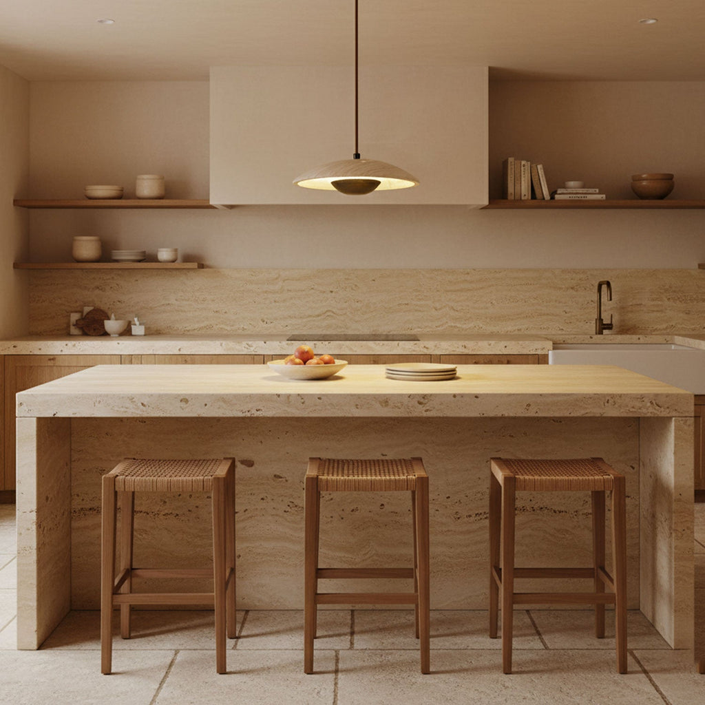 Travertine Disc Pendant Light Solid Wood 9.8 in Set of 2