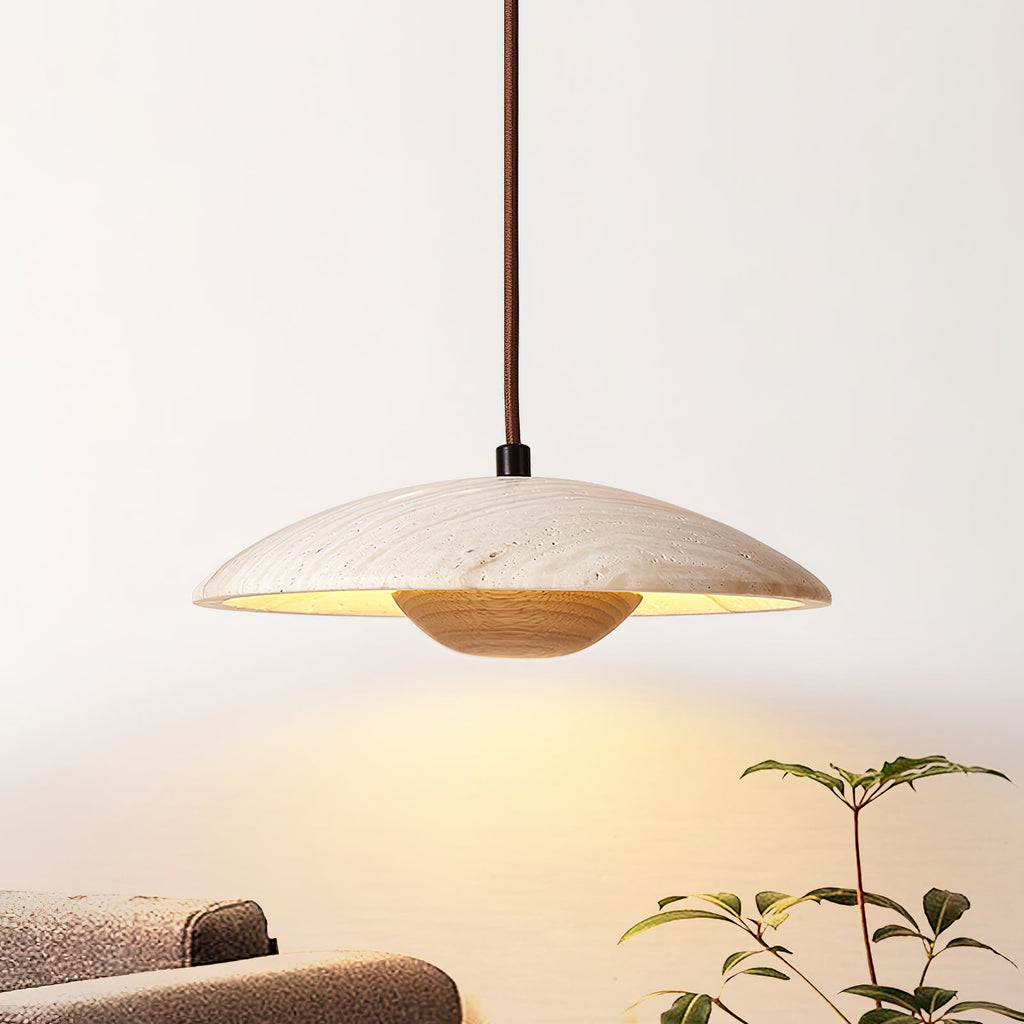 Travertine Disc Pendant Light Solid Wood 9.8 in Set of 2