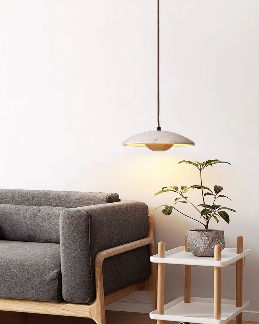 Travertine Disc Pendant Light Solid Wood 9.8 in Set of 2