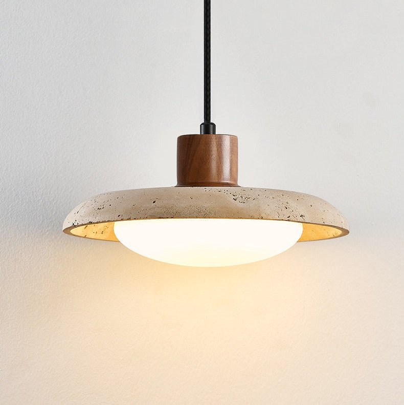 Travertine Disc Pendant Light Walnut Accent 9.8 in
