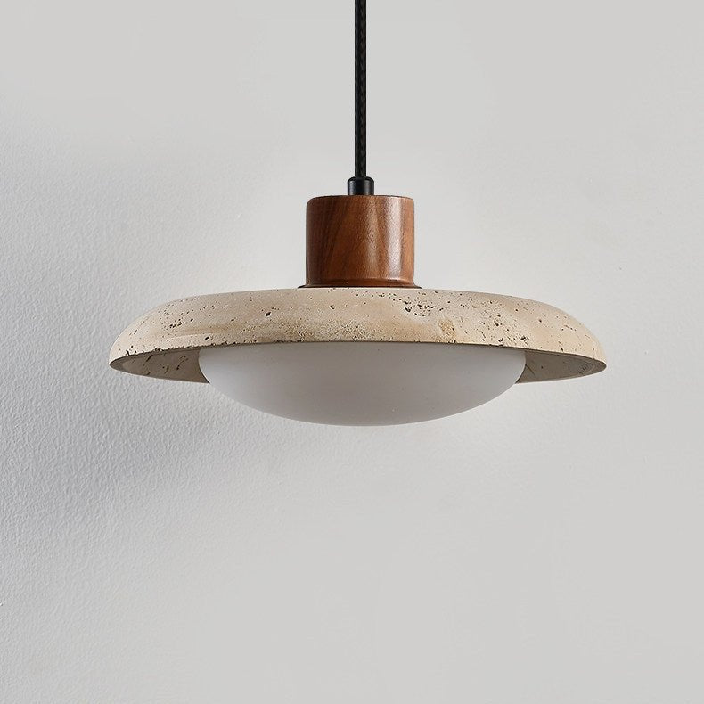 Travertine Disc Pendant Light Walnut Accent 9.8 in