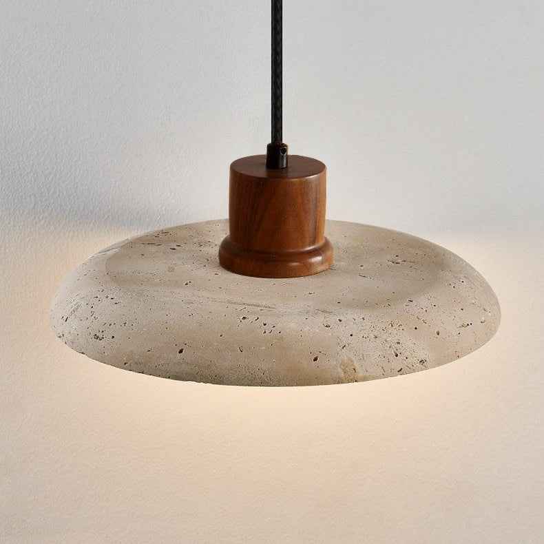 Travertine Disc Pendant Light Walnut Accent 9.8 in