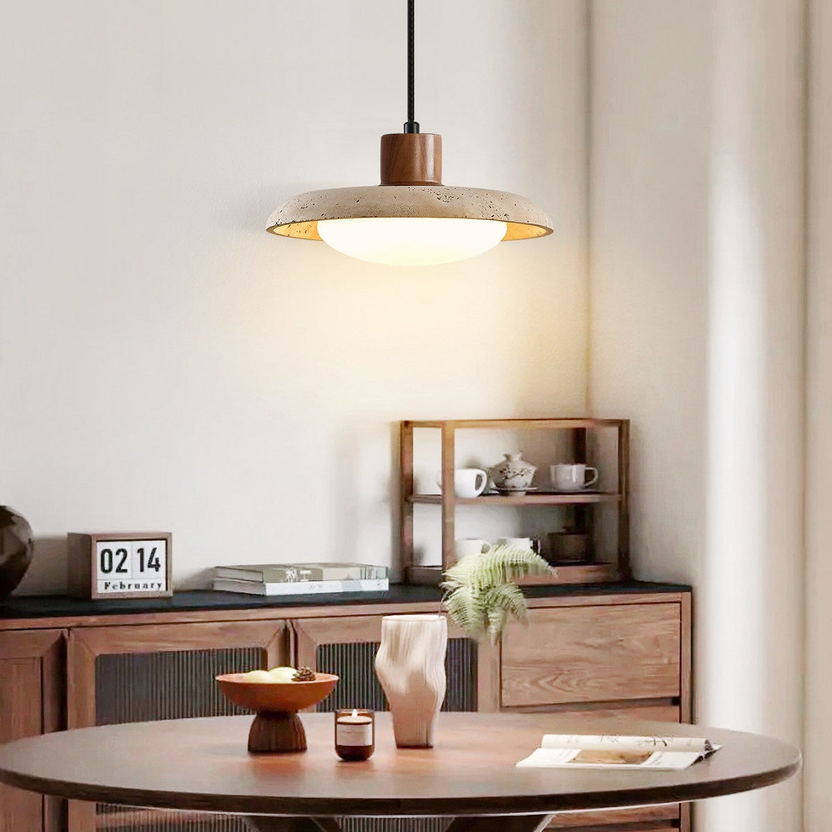 Travertine Disc Pendant Light Walnut Accent 9.8 in