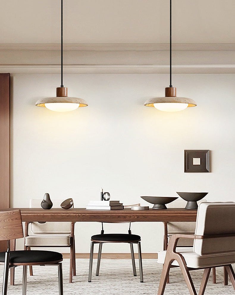 Travertine Disc Pendant Light Walnut Accent 9.8 in