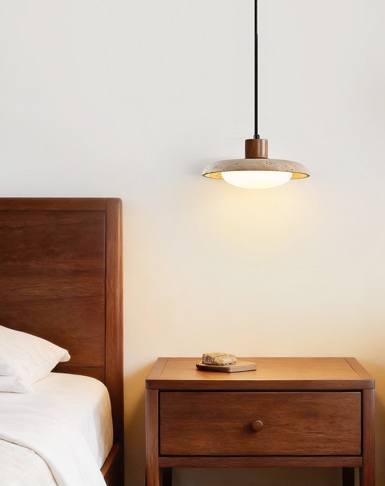 Travertine Disc Pendant Light Walnut Accent 9.8 in