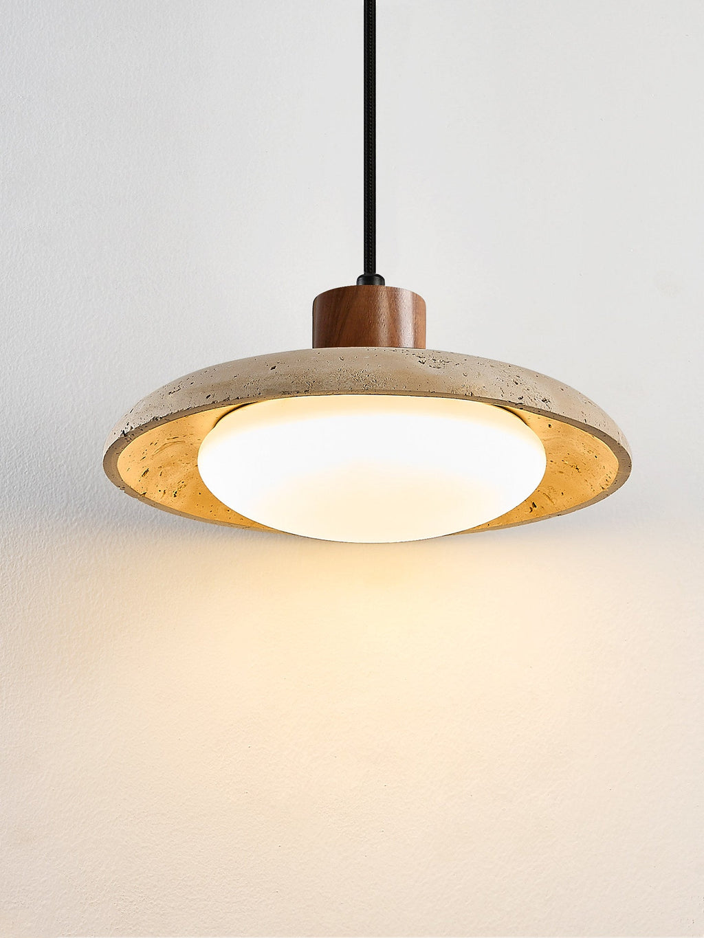 Travertine Disc Pendant Light Walnut Accent 9.8 in