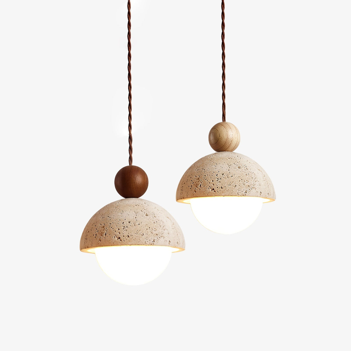 Travertine Dome Pendant Light Wood Ball 5.9 in Set of 3