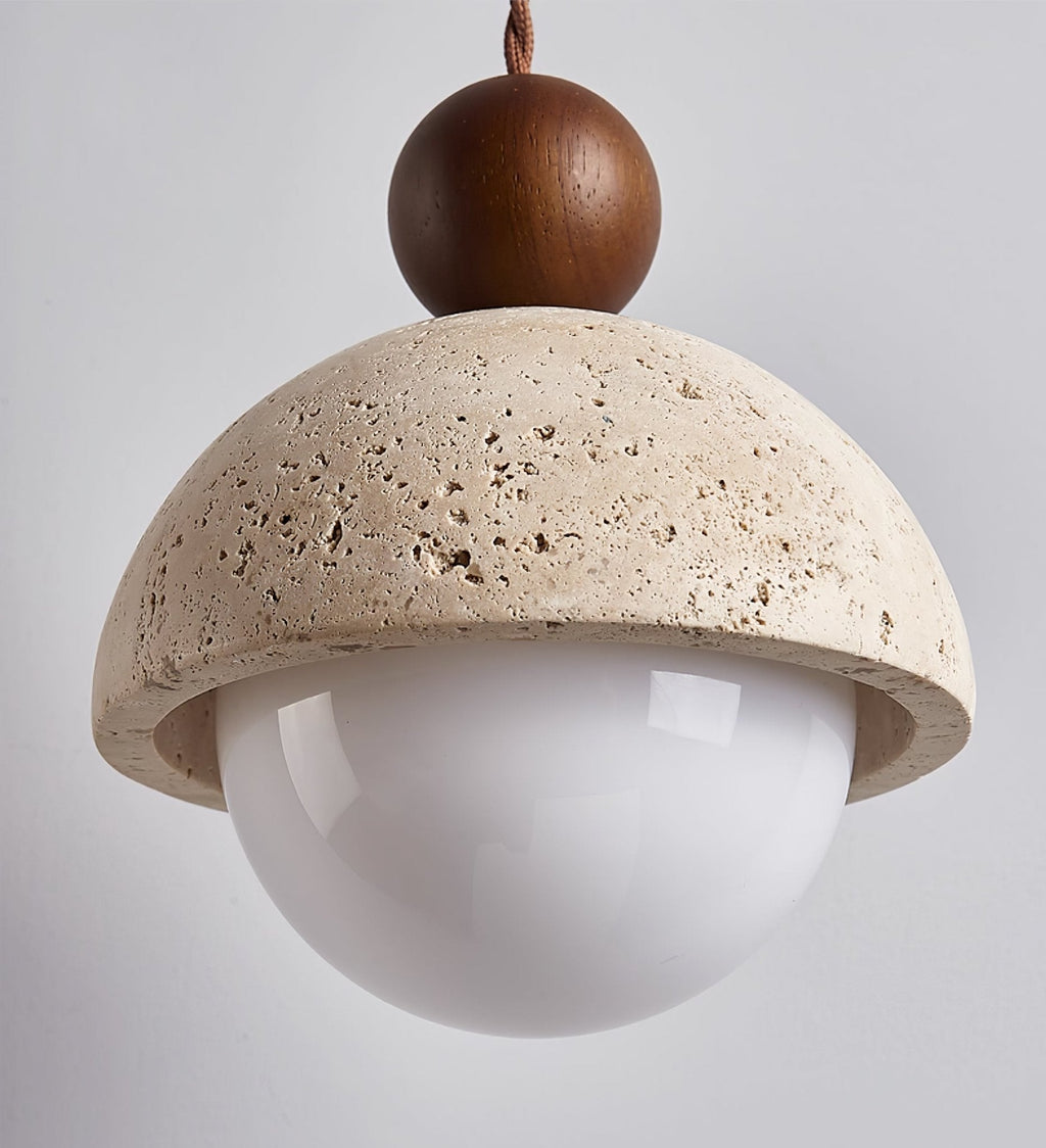 Travertine Dome Pendant Light Wood Ball 5.9 in Set of 3