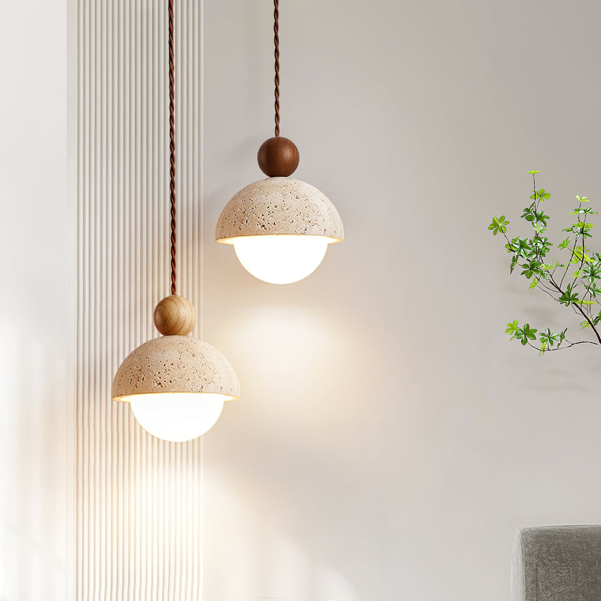Travertine Dome Pendant Light Wood Ball 5.9 in Set of 3