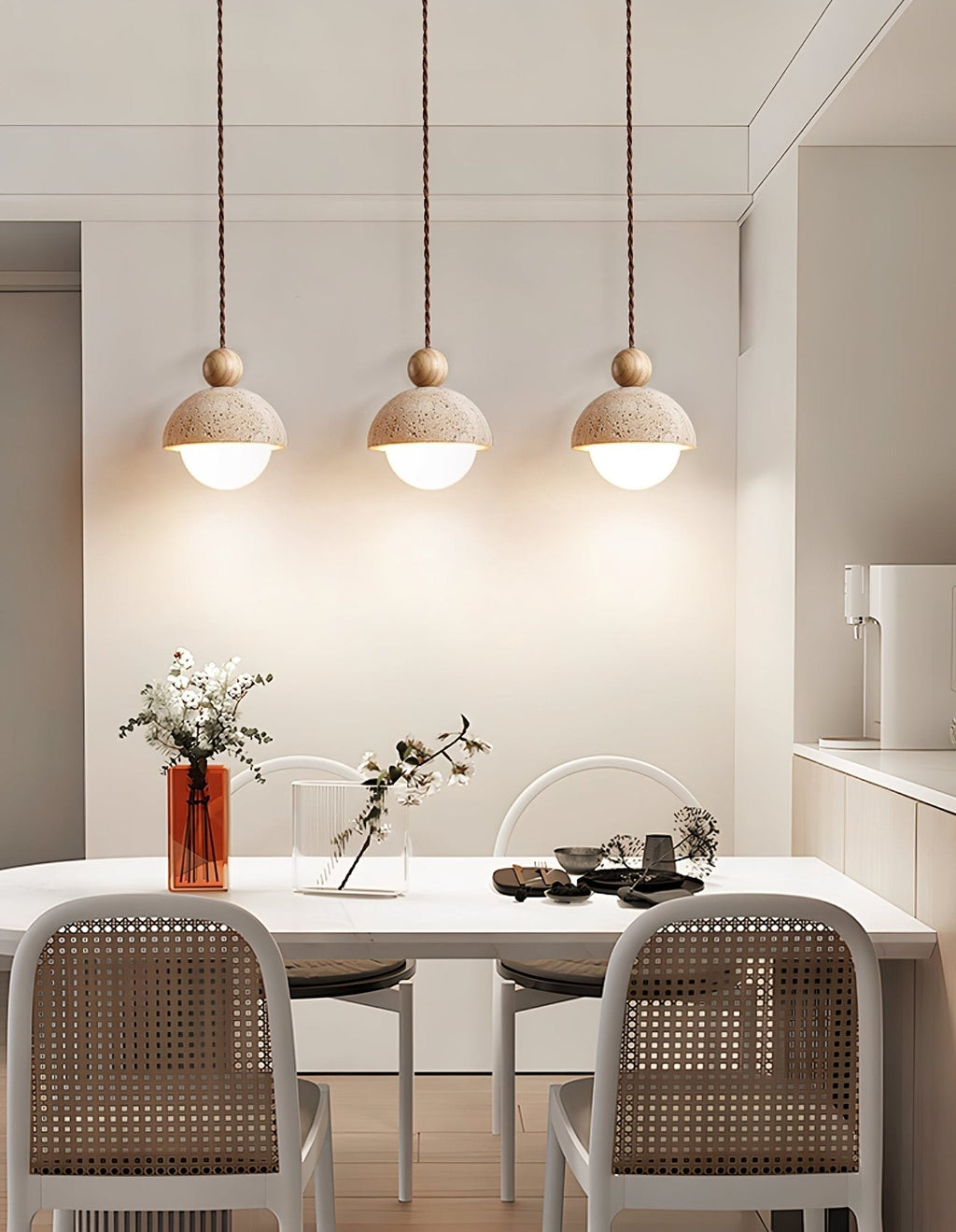 Travertine Dome Pendant Light Wood Ball 5.9 in Set of 3