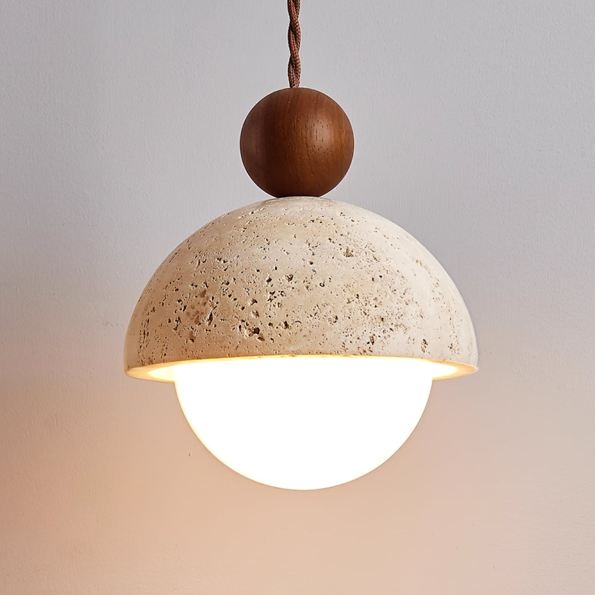 Travertine Dome Pendant Light Wood Ball 5.9 in Set of 3
